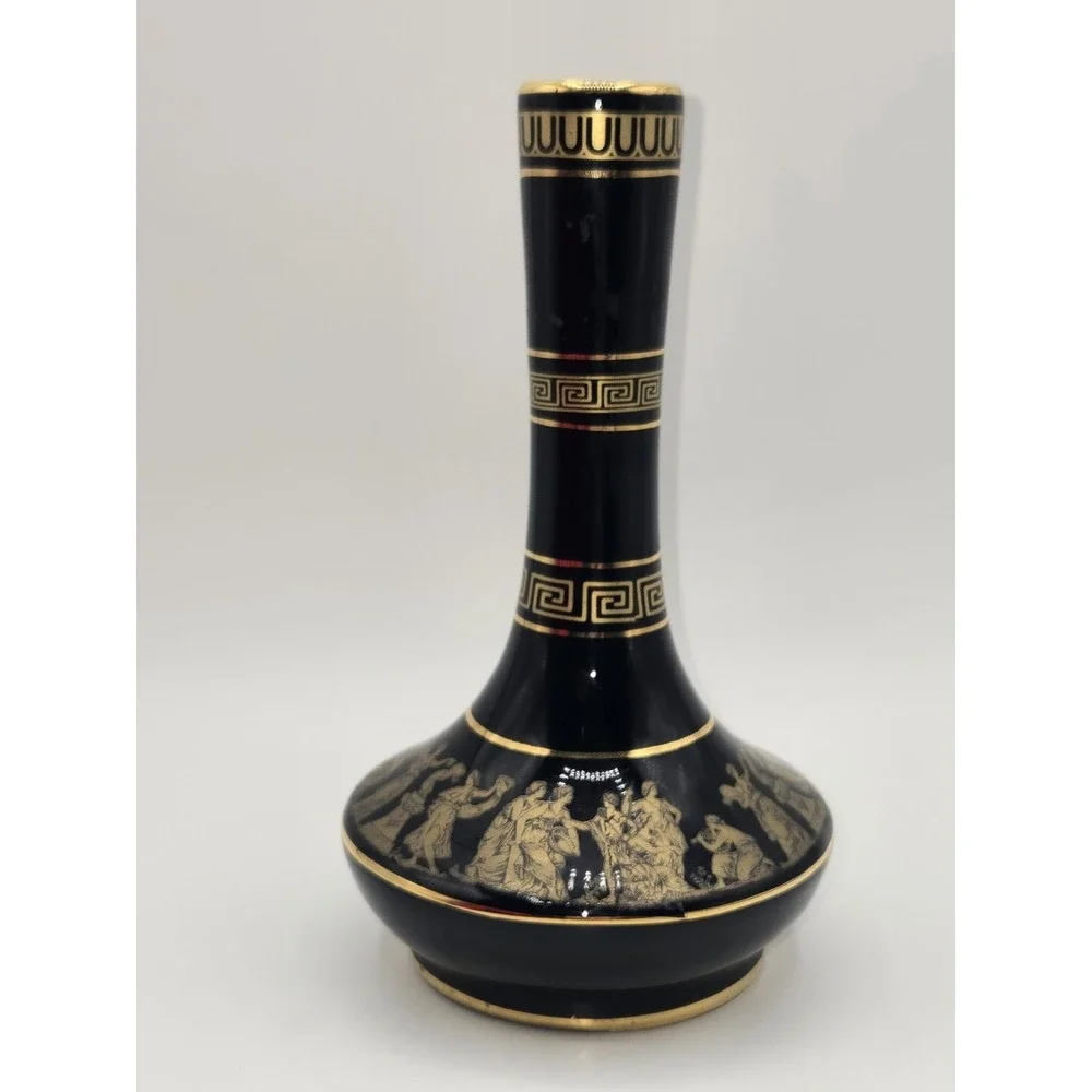 Greek Porcelain Vase‎ Black Gold 24K Gilt Classical Greek Scene Hand Made Greece